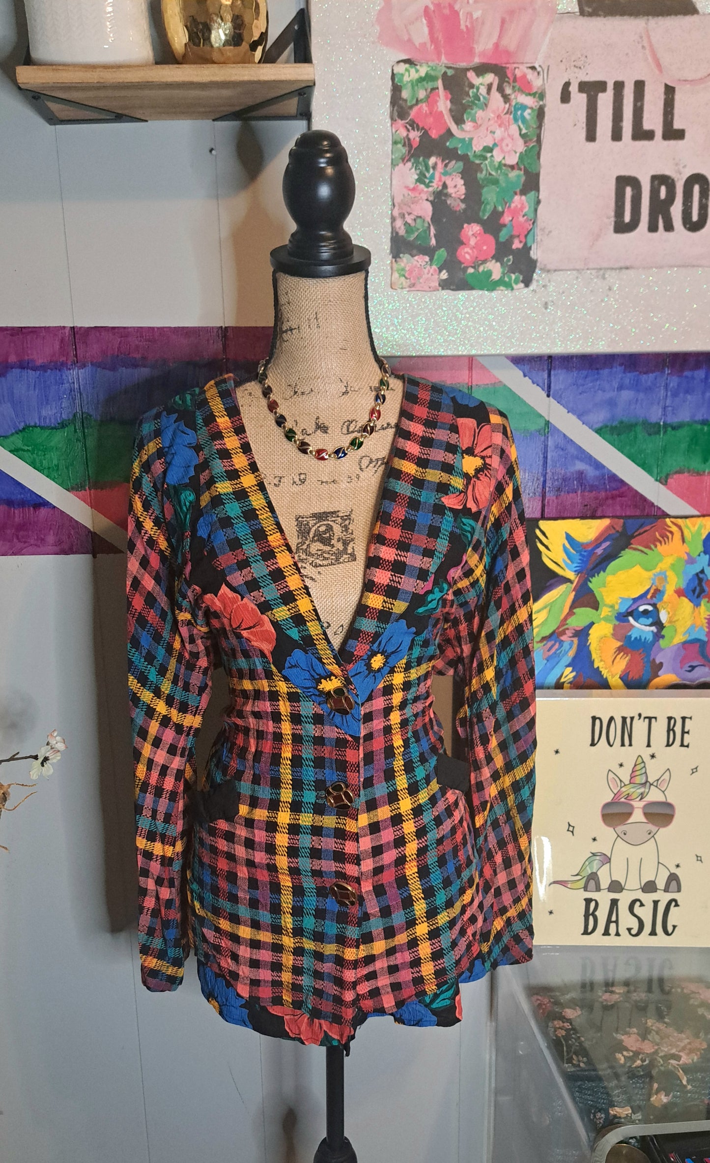 Vtg Carol Little Multicolored Gingham Printed Lighweight Blazer with Pockets SZ 10 (Fits up to a SZ 14) Ptp 24in