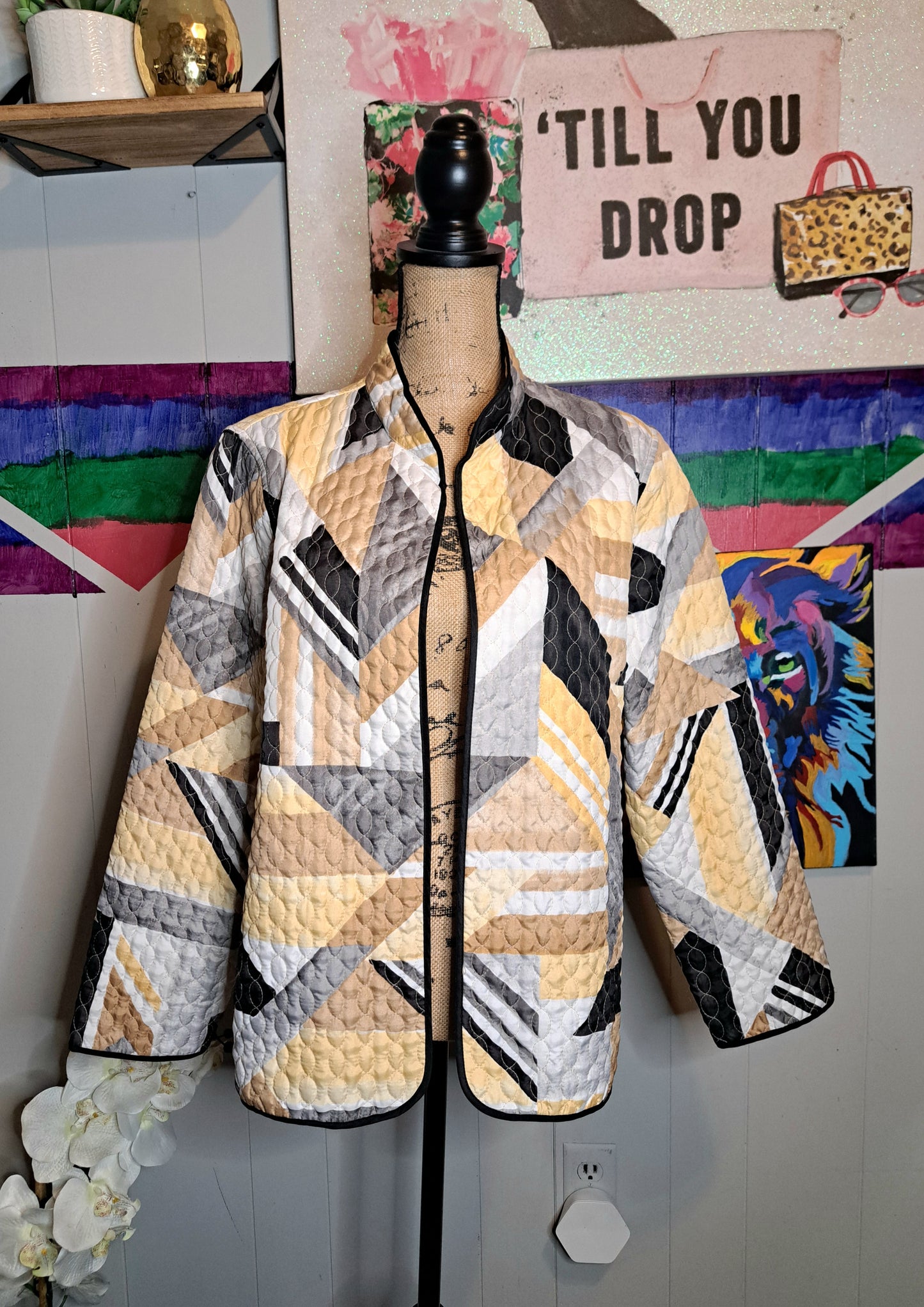 Vtg Alfred Dunner Reversible Quilted Earth Tone Art Deco Print Lightweight Jacket No Sz Tag (Best Fits Large/X-Large 23in ptp)