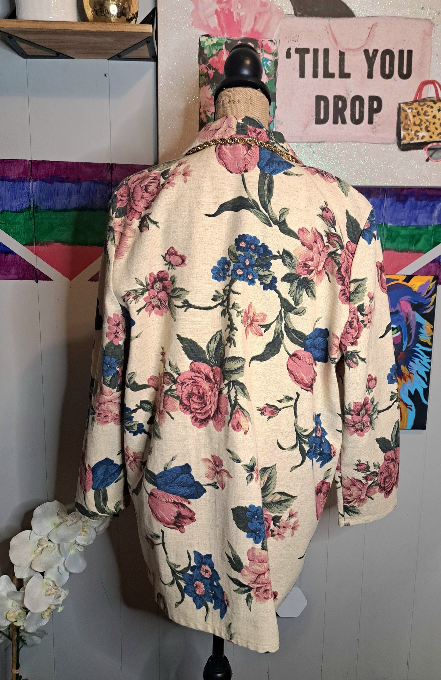 Vtg Floral Antique Printed Linen/Cotton Blazer with Pockets SZ Large (p2p 24in)