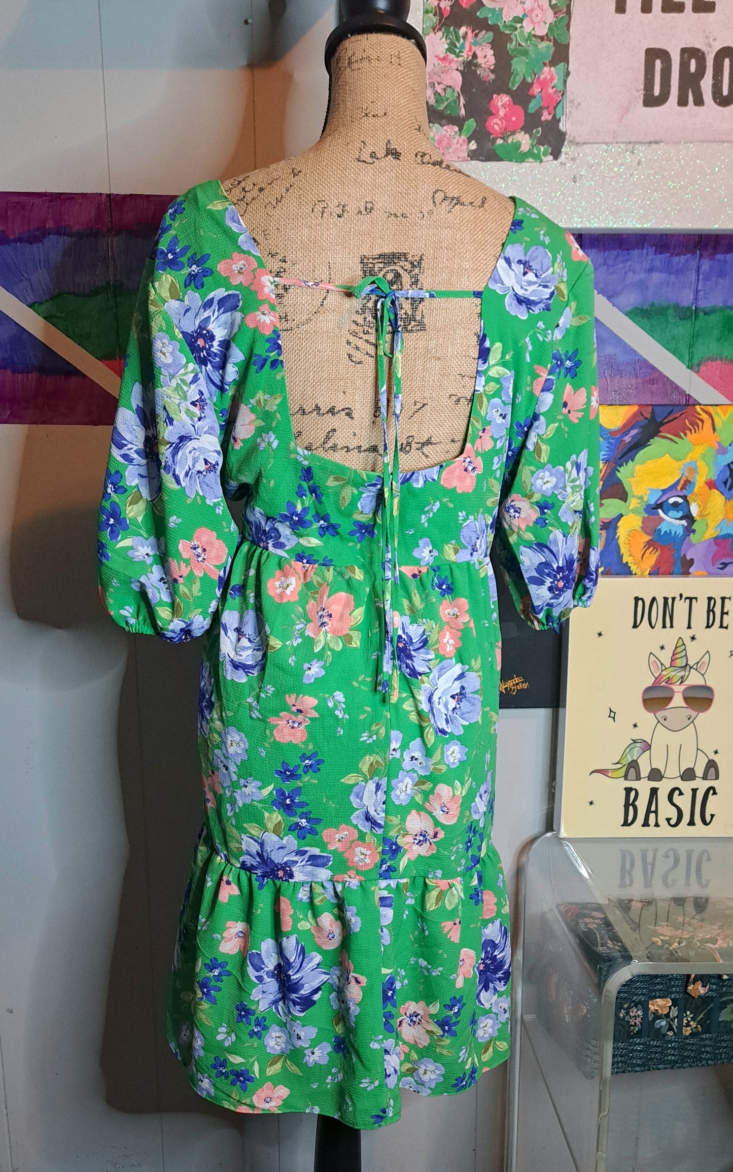 BCBG Kelly Green Floral Print Babydoll Dress SZ X-Large