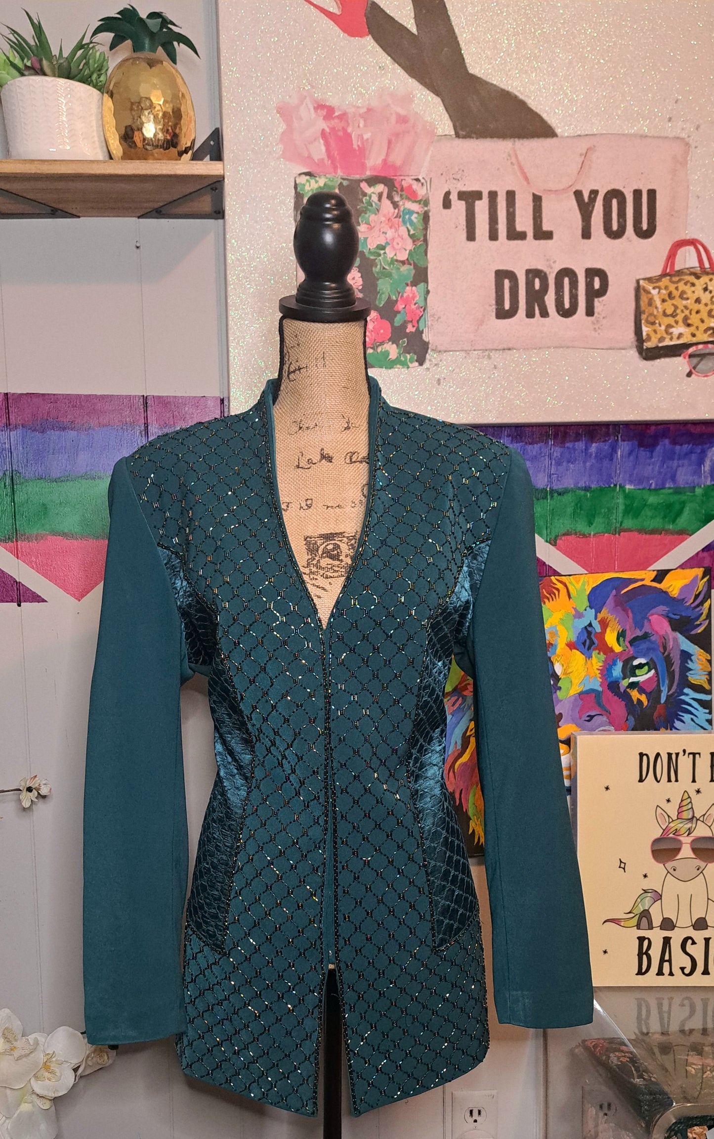 Vtg Dark Teal Beaded Blazer with Snap Button Front Closures SZ 12 Ptp 22in