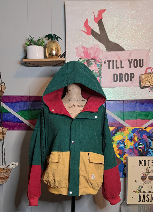 Colorblock Corduroy Zipper & Snap Button Closure Hoodie Jacket with Pockets SZ Medium (Fits up to a large)