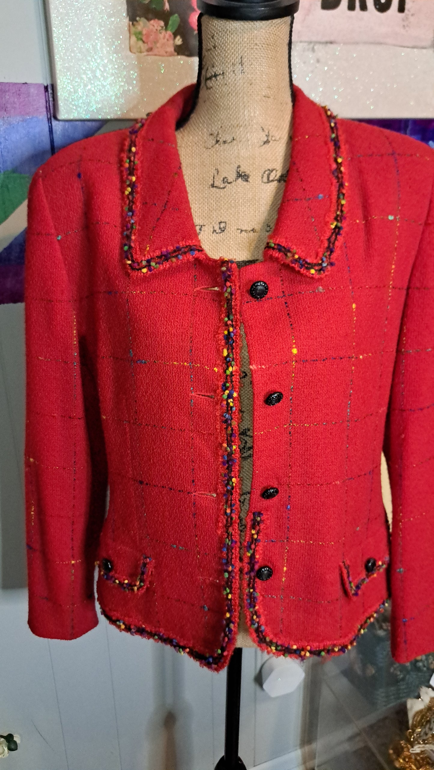 Vtg Rickie Freeman Wool Red/Multicolored Tweed Blazer with Faux Pockets SZ 14 (ptp 22in)