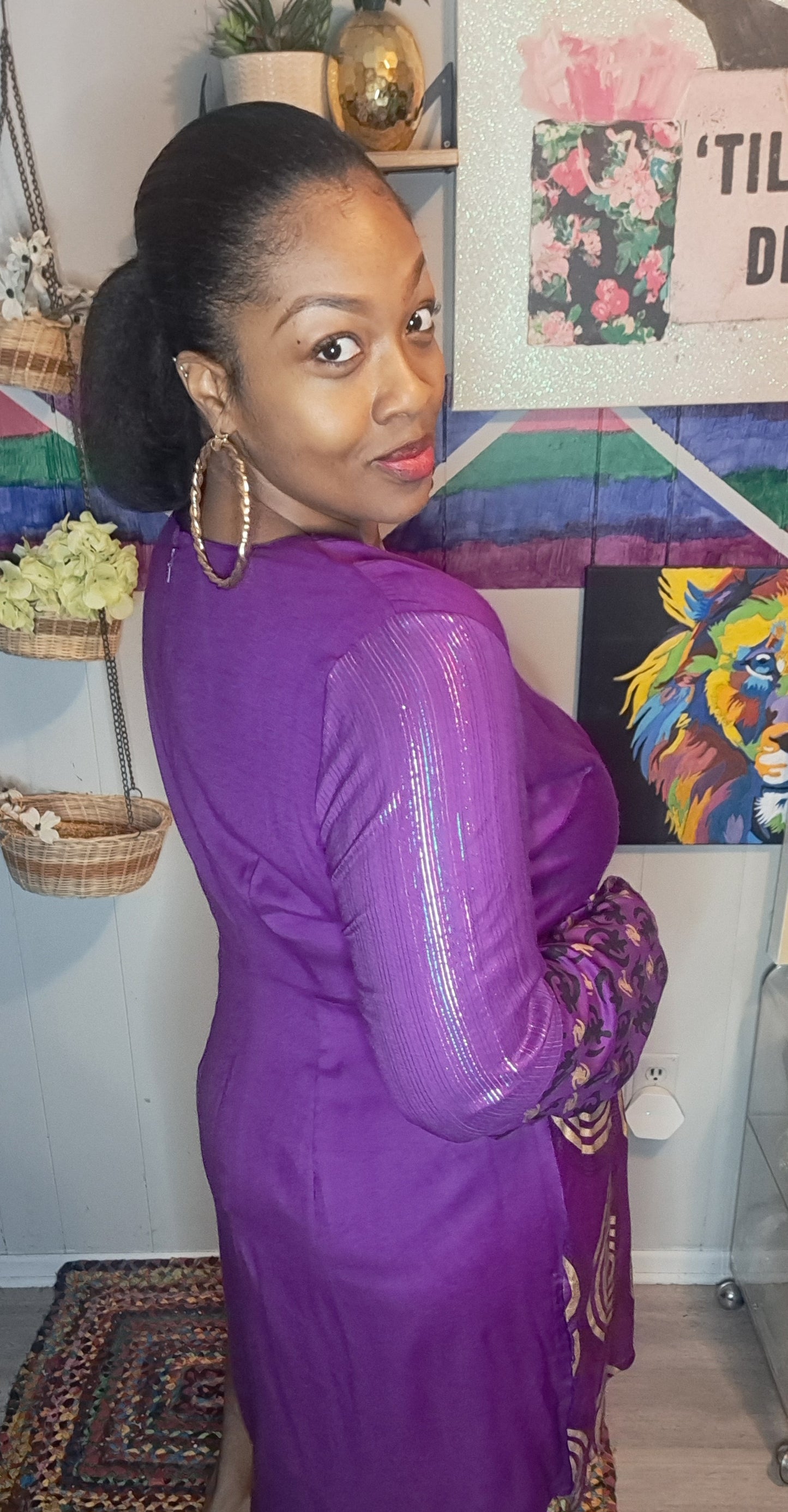 ASHRO Purple/Blk/Gold Metallic Patchwork Print Bells Sleeve Tunic Top with Back zipper SZ XL (Ptp 24.5in Waist 21in)