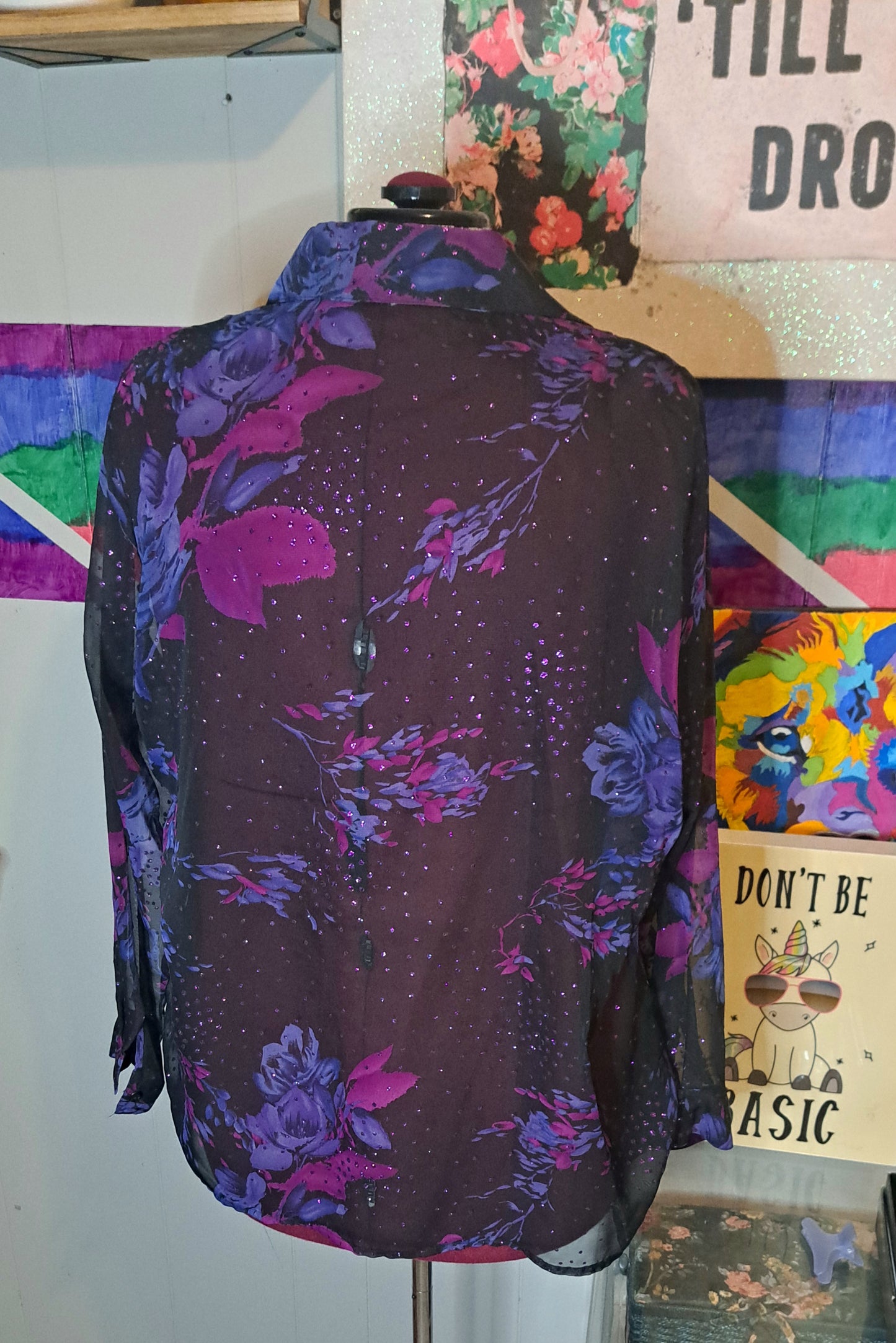 Vtg Semisheer Blk/Purple/Pink Button Down Top SZ 1X