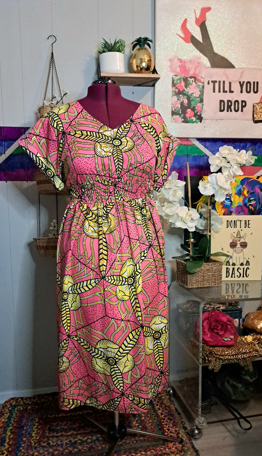 African Print Yellow & Pink Dress with Pockets SZ 3X BEST FITS 18/20)Ptp 25in