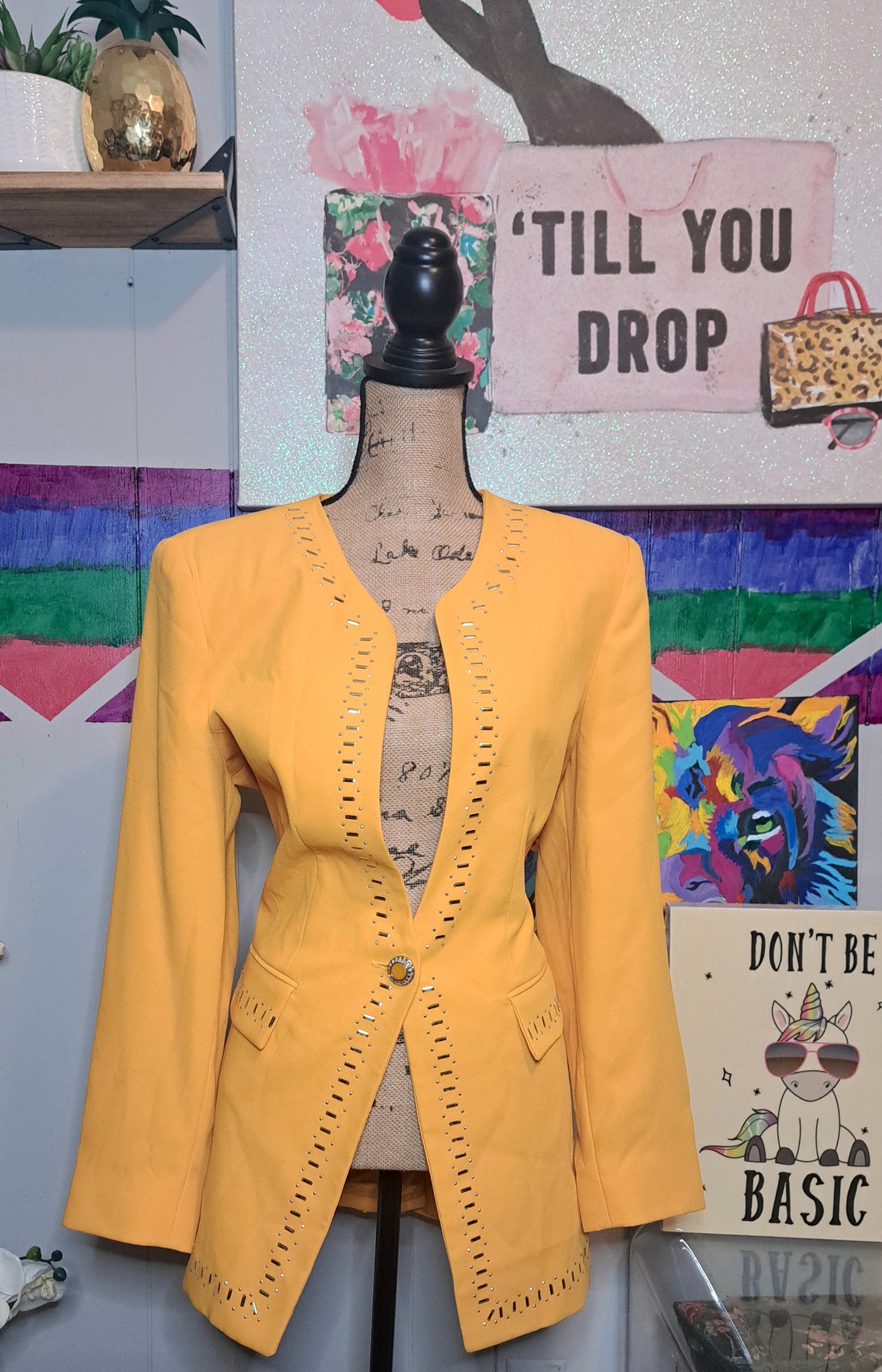 Vtg Yellow Rhinestone Embellished Blazer with One Button Closure SZ 8 (Fits up to a SZ 10) (***Small removable spot on right side***)