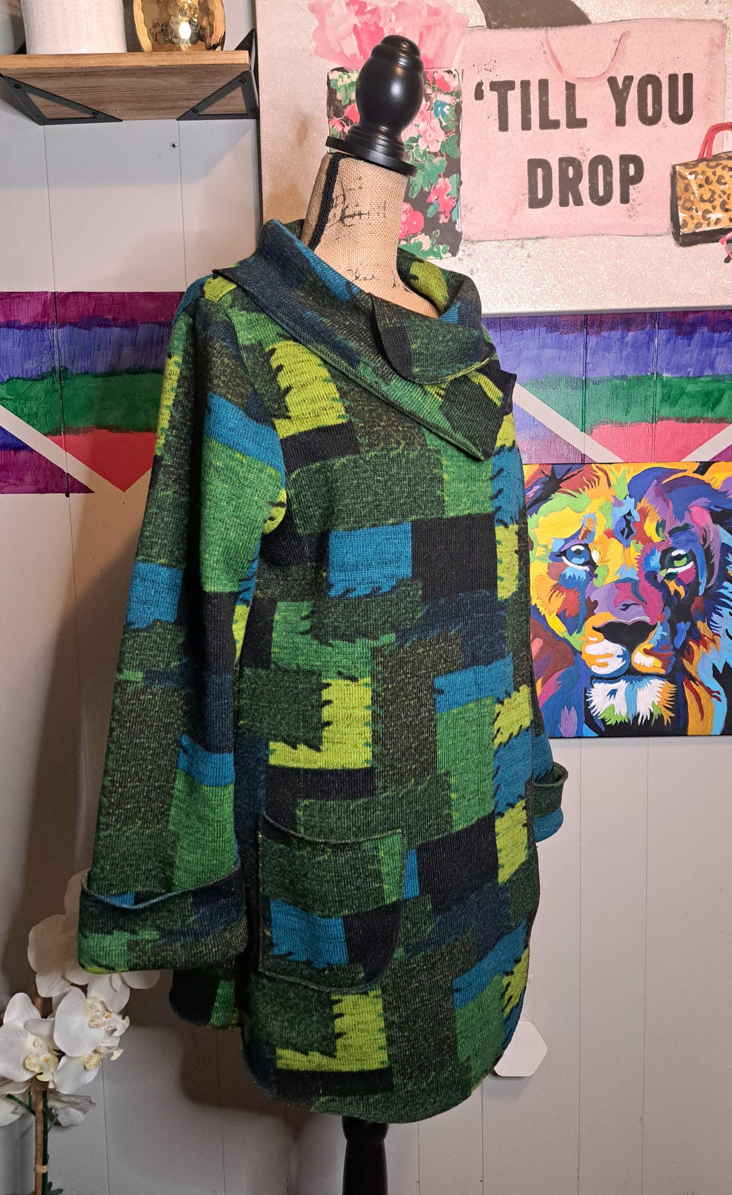 Terra Green/Blue Patchwork Print Sweater Jacket with Pockets SZ Medium (Fits up to a Large)