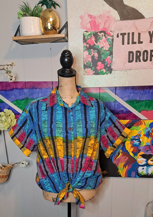 Vtg Venezia Multicolored Button 90s Print Top SZ 14/16 (Ptp 26in)