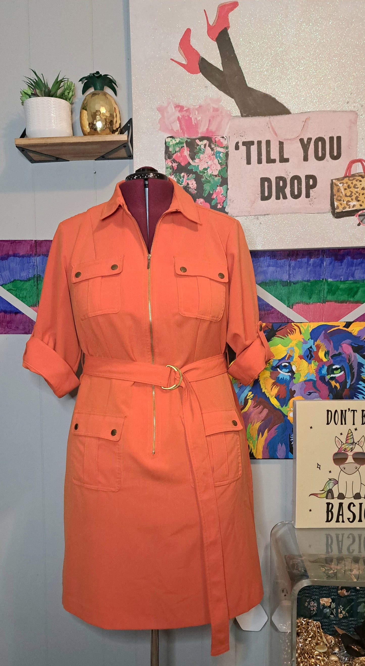 Sharagano Orange Military Style Dress with Matching Belt, Cargo Pockets & Adjustable Sleeves SZ 16W (With Stretch)