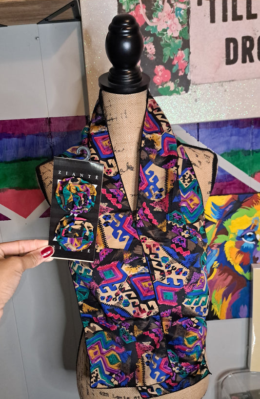 Vtg Deadstock Oblong Multicolored Scarf & Matching Shoe Clips