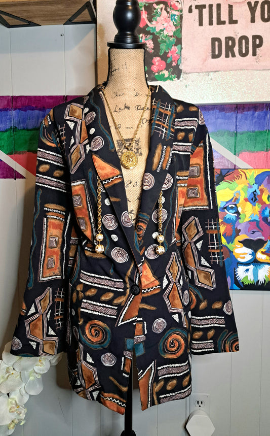 Vtg Kensington Square Abstract Printed Blazer with Pockets SZ 18 (Ptp 27in)