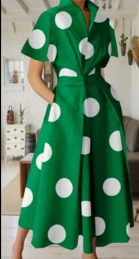 Nwt Boutique Green/Wht Polka Dot Maxi Dress with Pockets SZ Medium (Some Stretch)