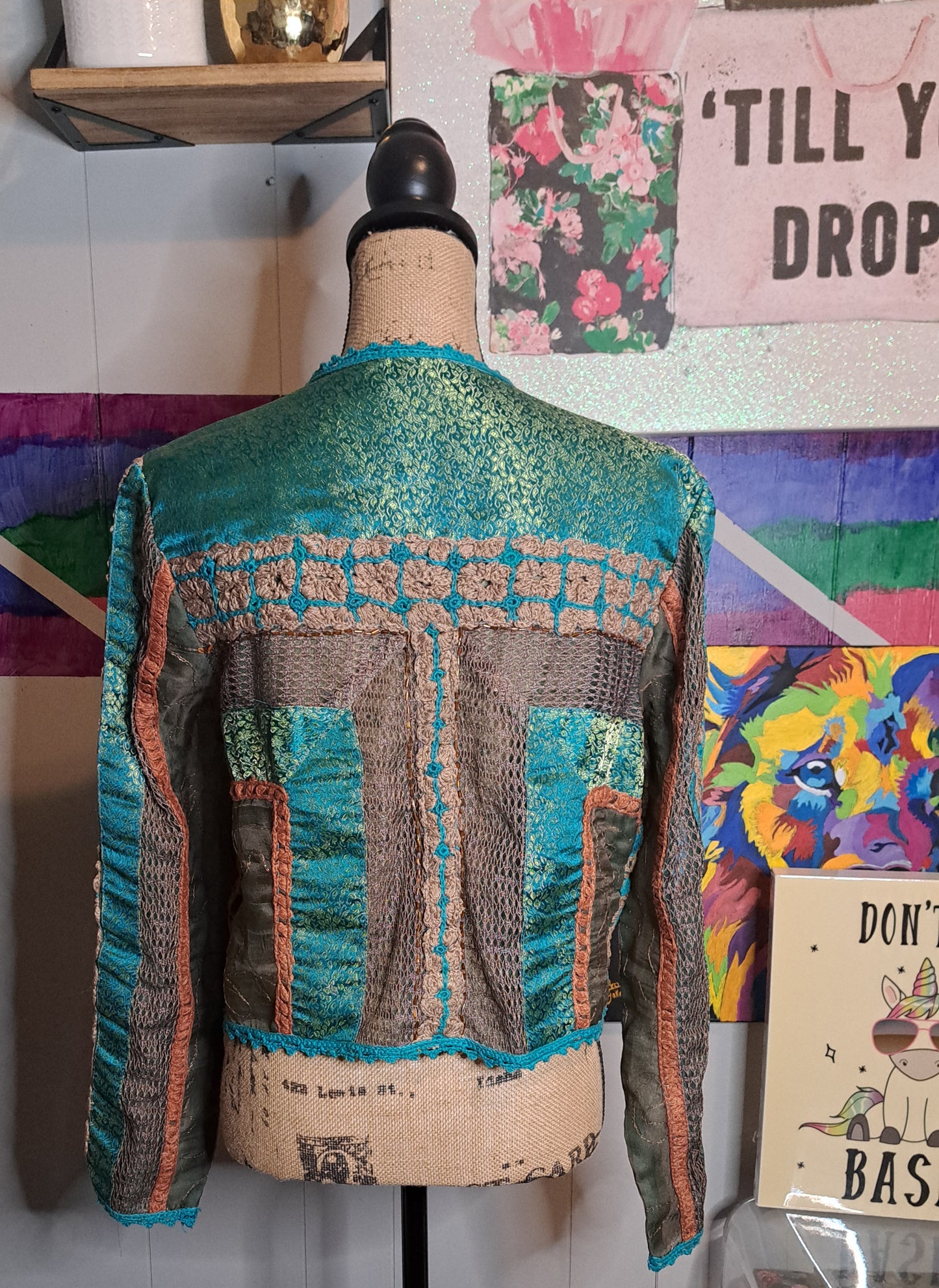 Vtg Sandy Starkman Silk/Cotton Turquoise/Brown Crochet with Mesh Cutouts Cropped Jacket SZ Medium