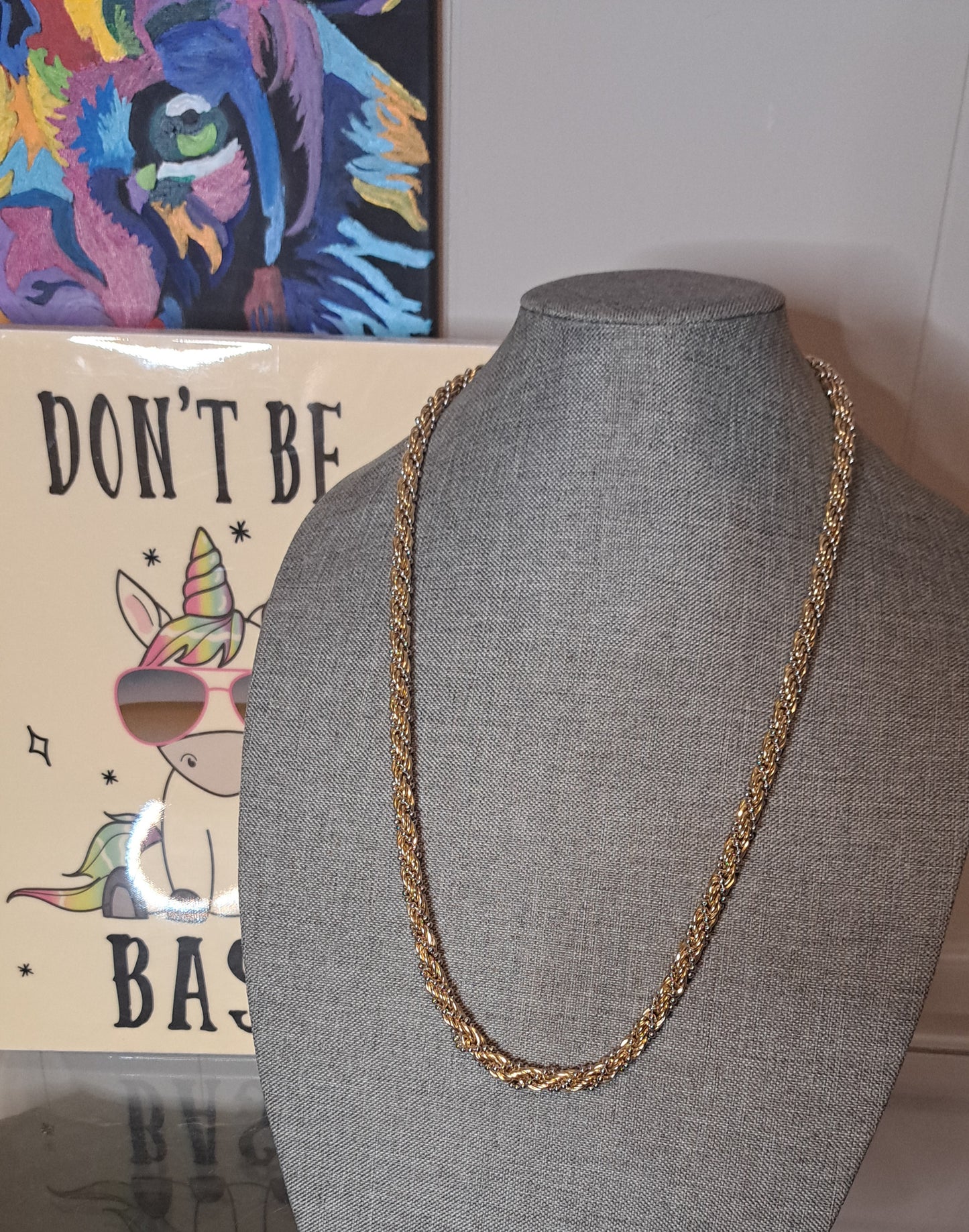 Vtg Unsigned Gold & Silver Tone Rope Twist Long Necklace