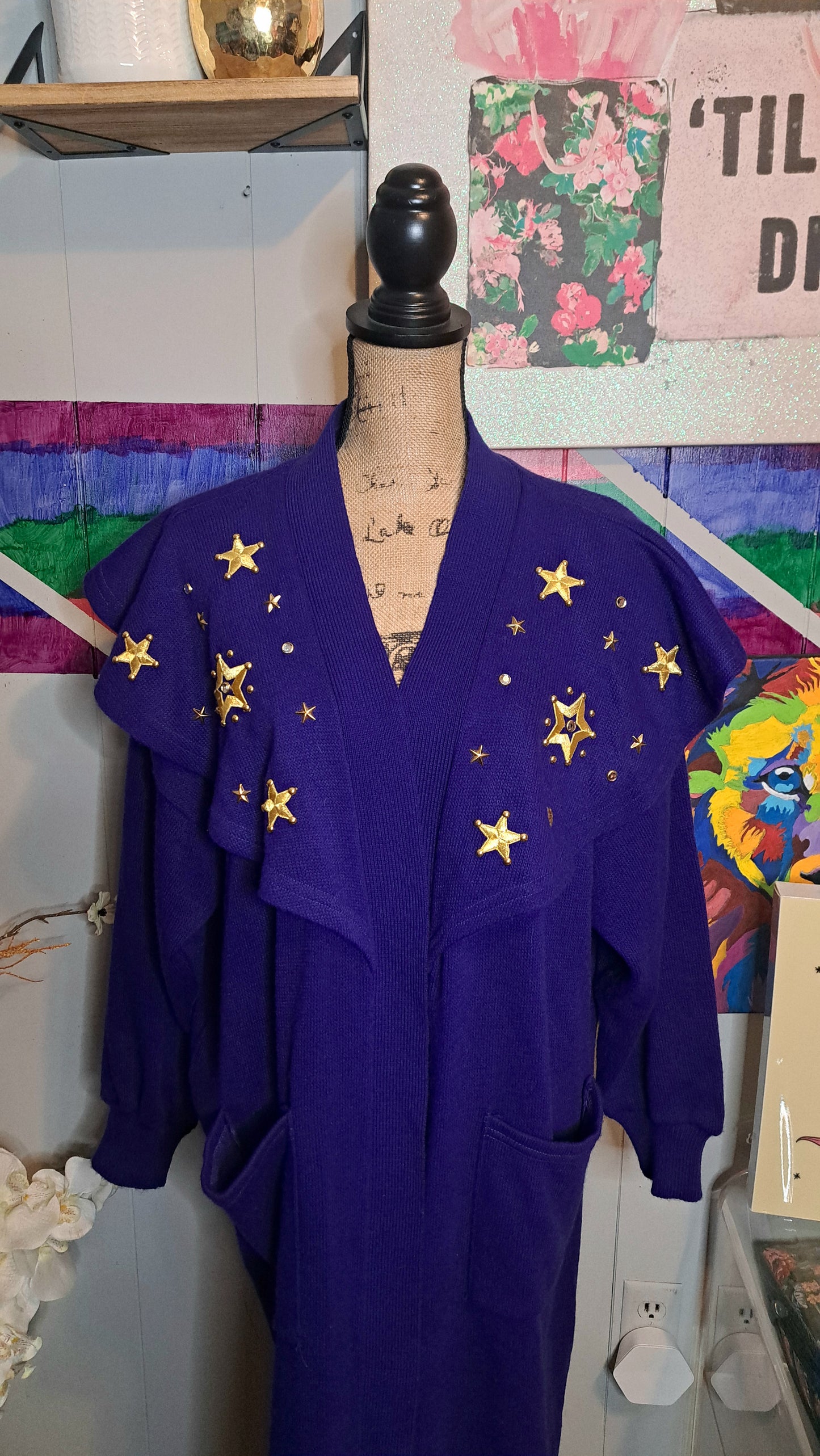 Vtg Deep Purple with Gold Star Embroidery and Clear Gemstones Ruffled Open Long Cardigan Duster with Pockets Tagged One Size (Fits S-3X) Ptp 32in