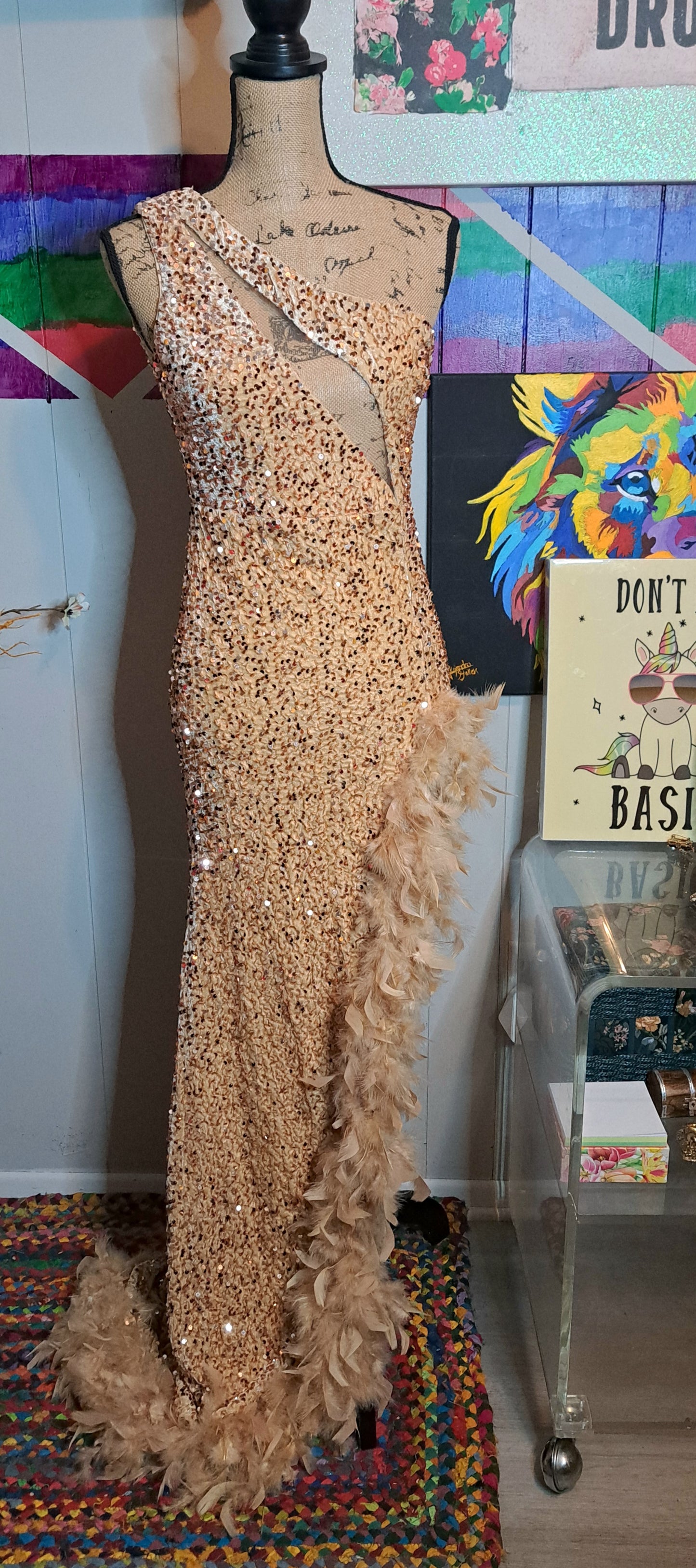 Nwot FashionNova LUXE Flesh Tone Mesh Bust Gold Sequin Feather Side Slit Gown/Dress SZ Medium (With Good Stretch)