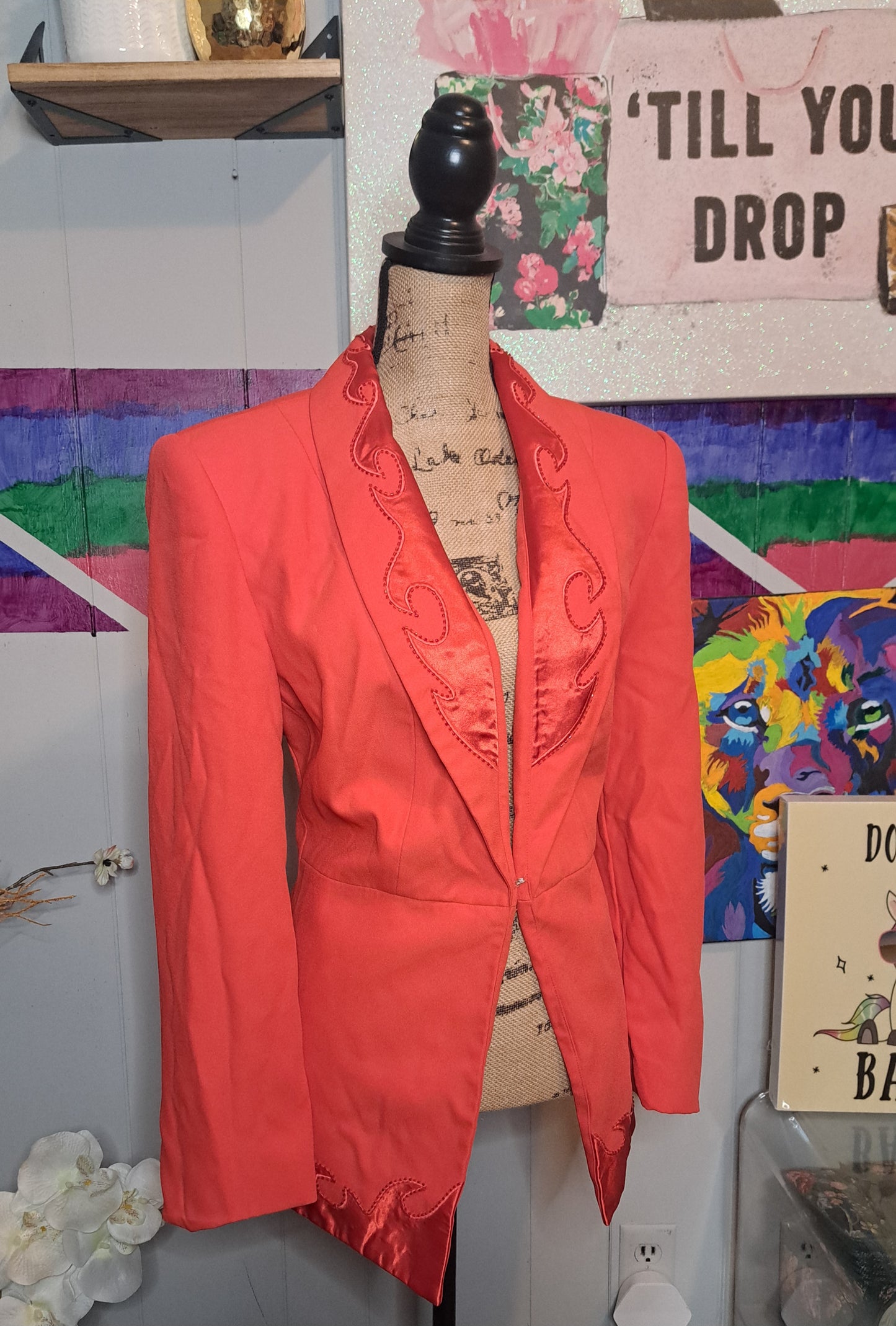 Vtg Tangerine Orange Blazer with Satin Beaded Embellished Lapel & One Hook Closure SZ 14W