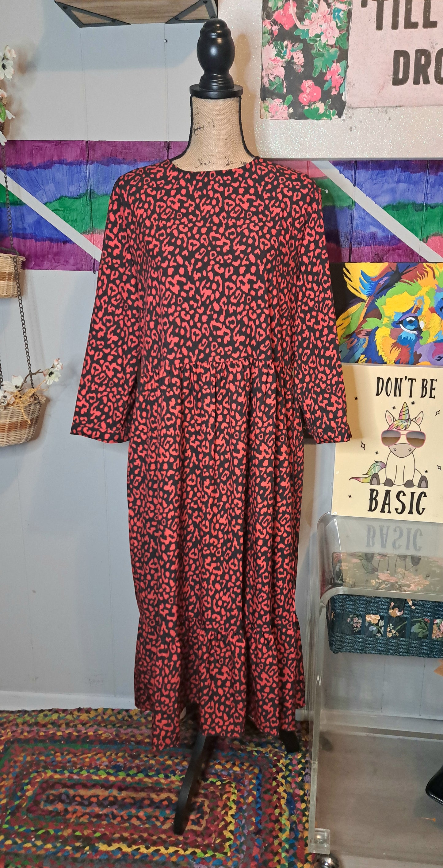 Nwot Red/Blk Animal Print Babydoll Maxi Dress SZ Large