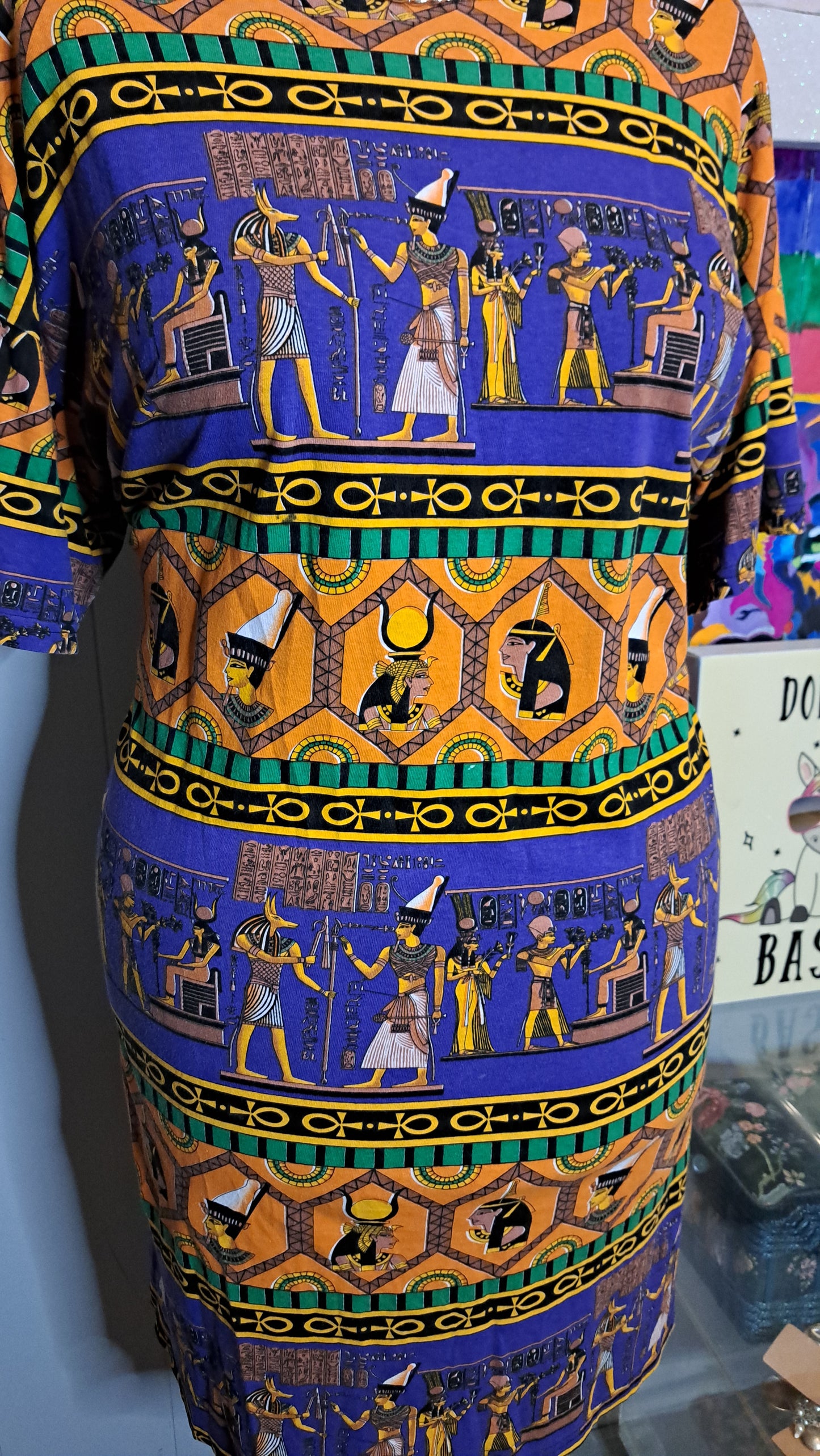 Vtg 90s Egyptian Hieroglyphics Cotton Tshirt Dress Tagged One Size (Best Fits 1X/2X)