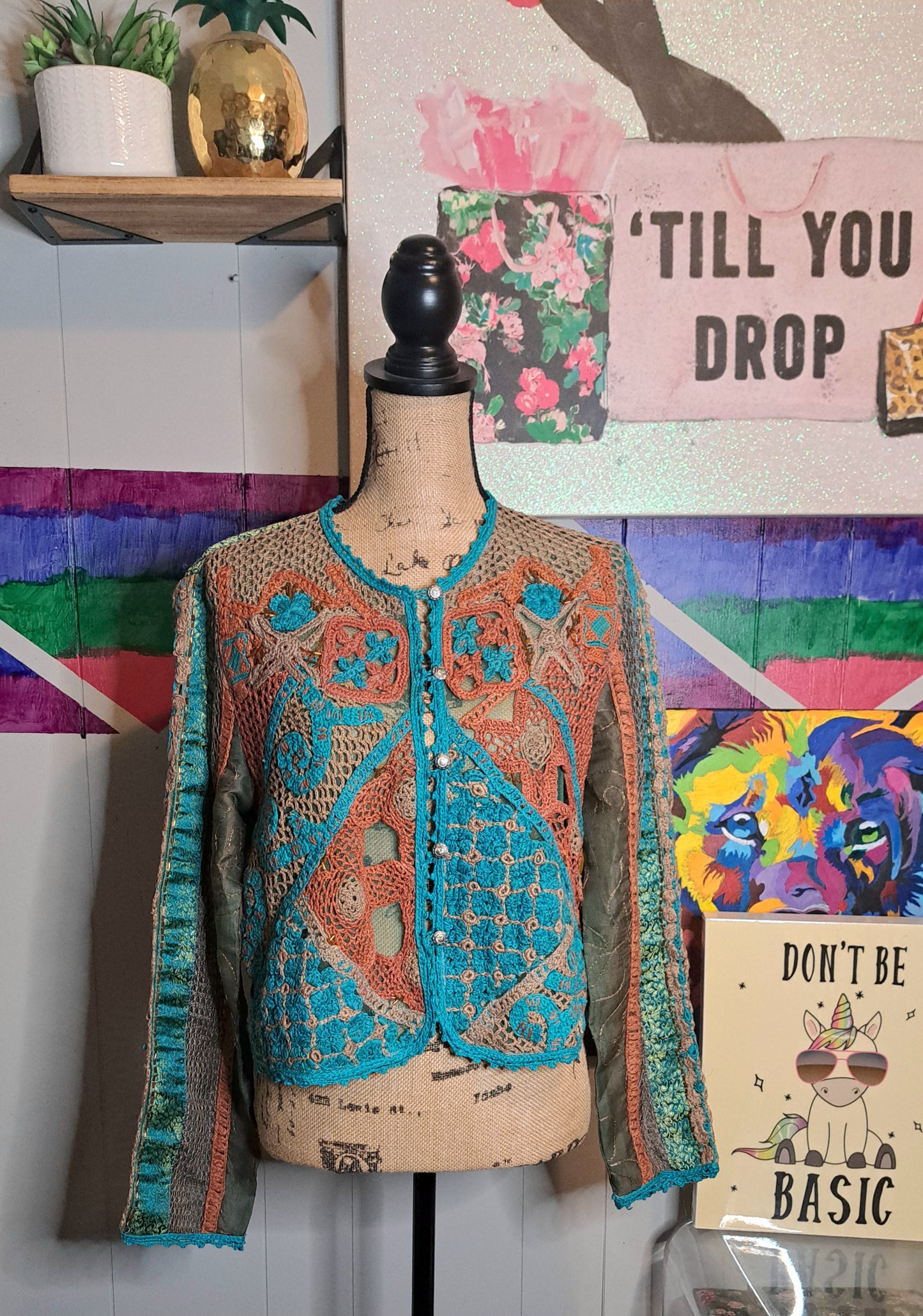 Vtg Sandy Starkman Silk/Cotton Turquoise/Brown Crochet with Mesh Cutouts Cropped Jacket SZ Medium