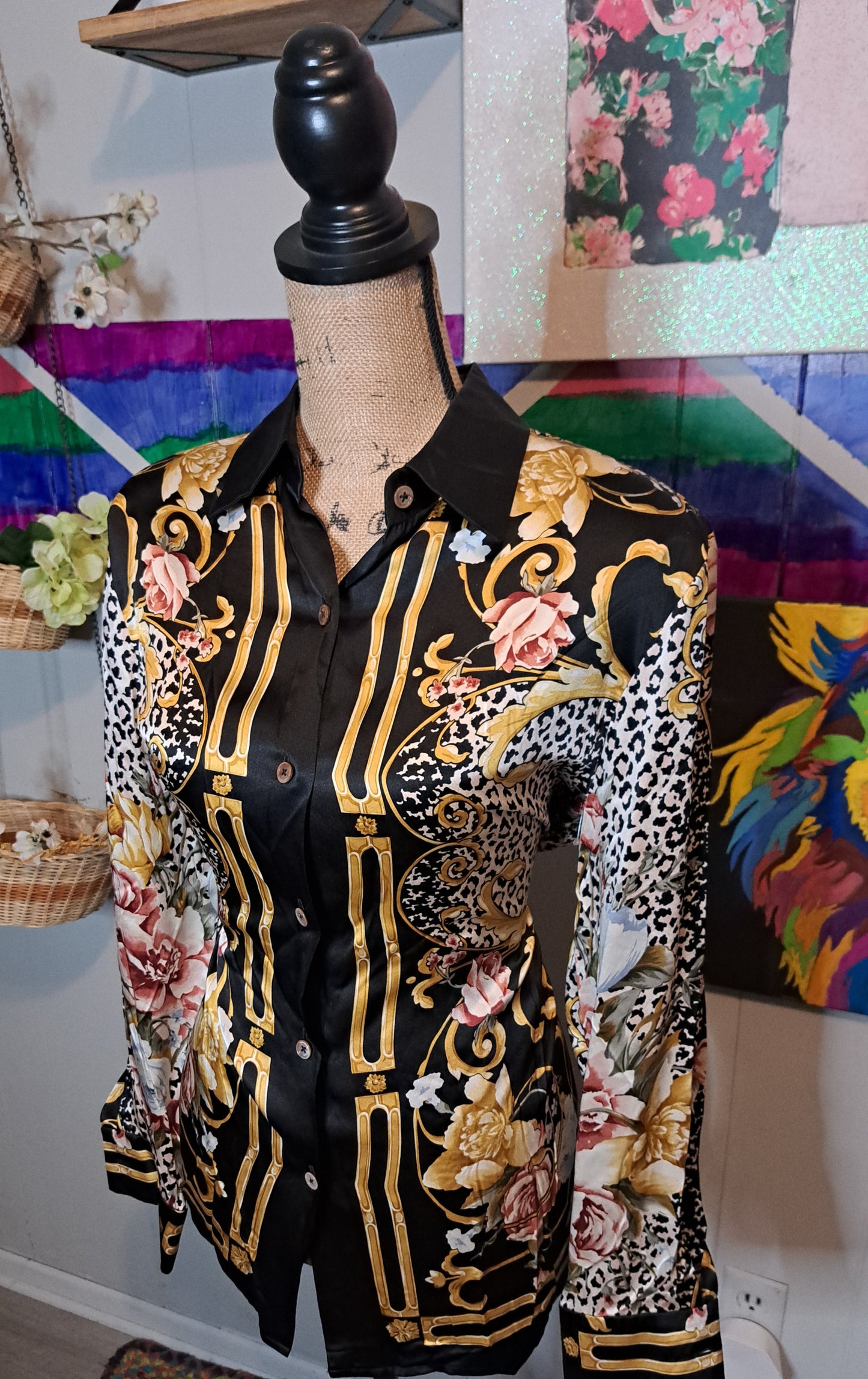 Vtg Linda Allard Ellen Tracy 100% Silk Baroque Mix Print Button Down Top SZ 14 (Best Fits a 12) PTP 22in