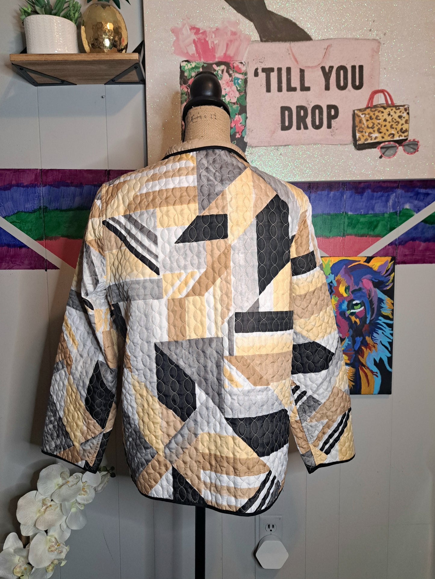 Vtg Alfred Dunner Reversible Quilted Earth Tone Art Deco Print Lightweight Jacket No Sz Tag (Best Fits Large/X-Large 23in ptp)