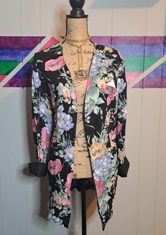 Vtg Blk/Multicolored Floral Print Blazer SZ XL 14/16 (ptp 25in)