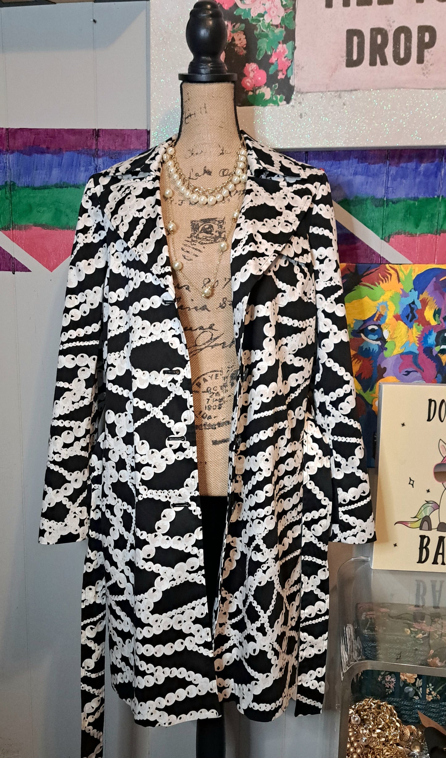 Apostrophe Stretch Black/White Pearl Printed Trench Coat with Pockets, Matching Belt & Back Flap SZ Large