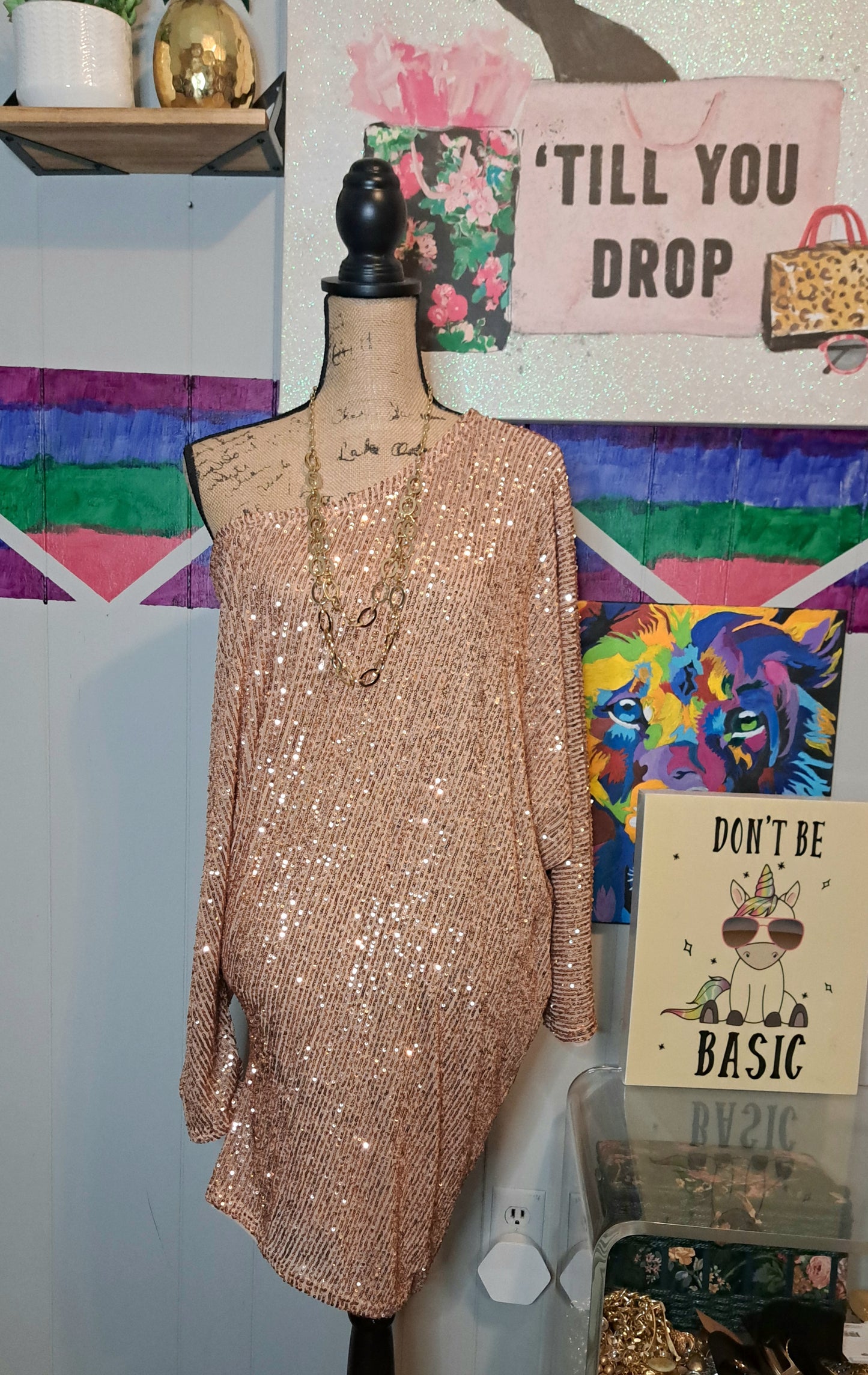 Fashion Nova Champagne Gold Sequin Off Shoulder Dress SZ Medium (With Stretch)