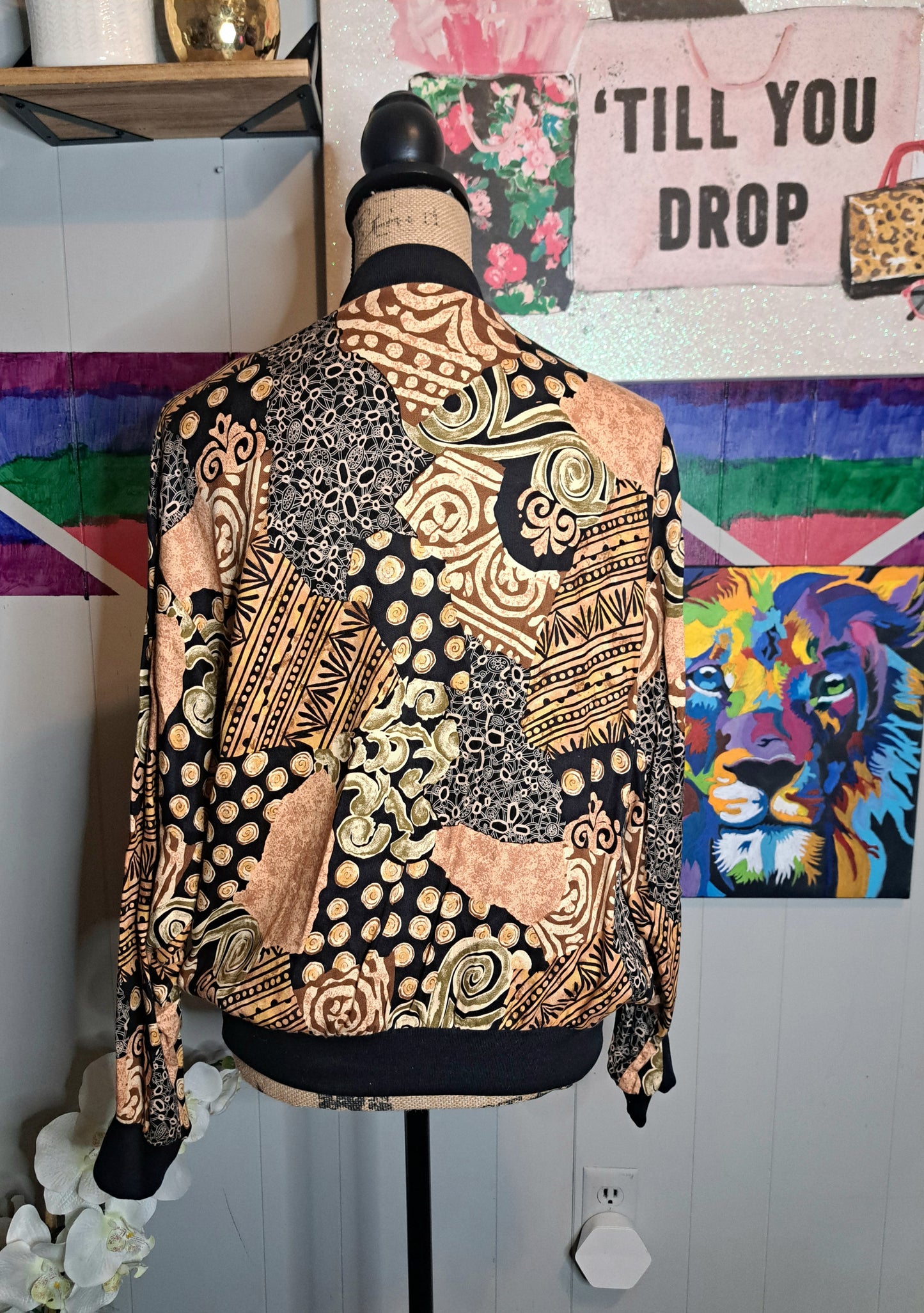 Vtg Tribal Print Lightweight Button Down Bomber Jacket/Top SZ Medium