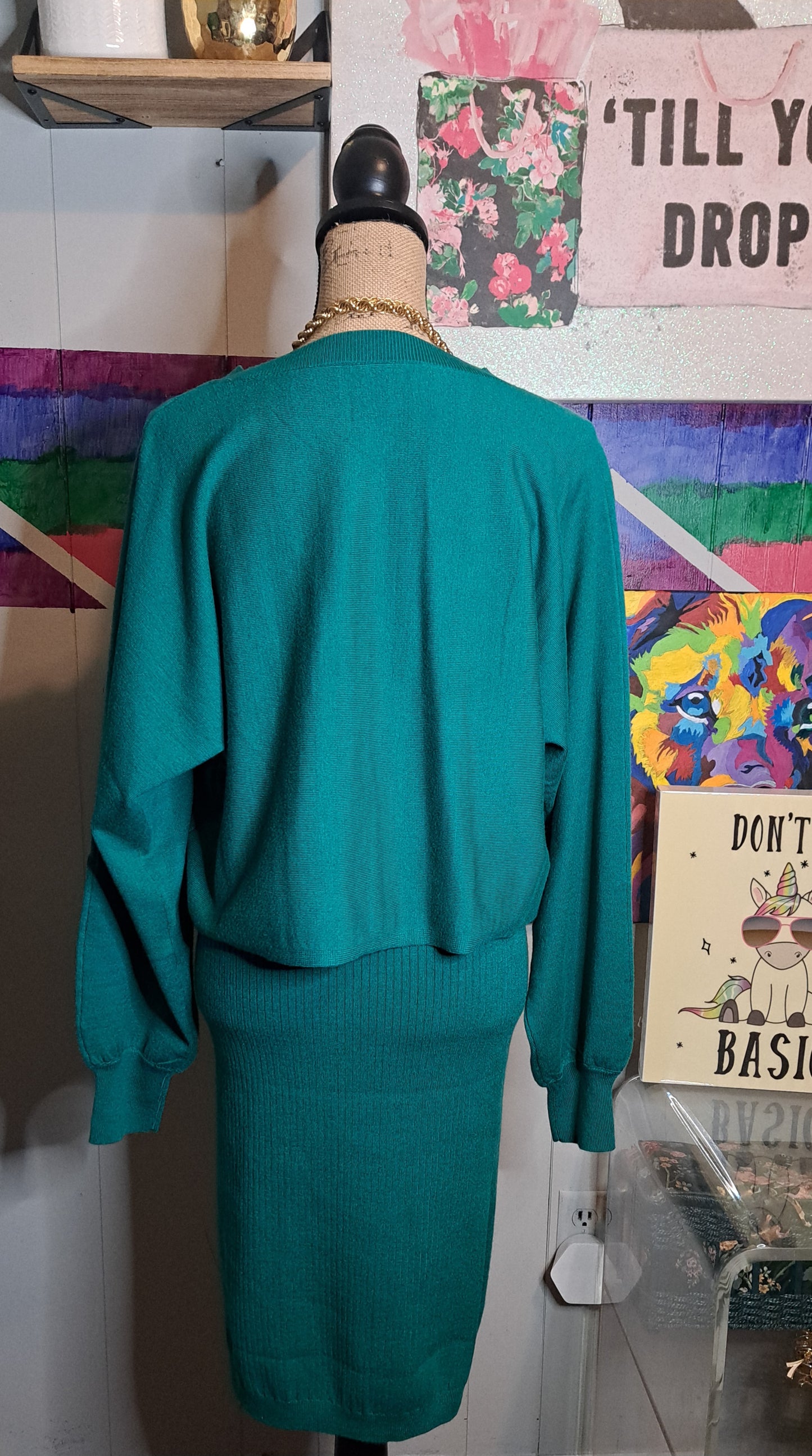 Nwot Ribbed Teal 2pc Sweater & Skirt with side slits Set SZ Medium (with stretch)