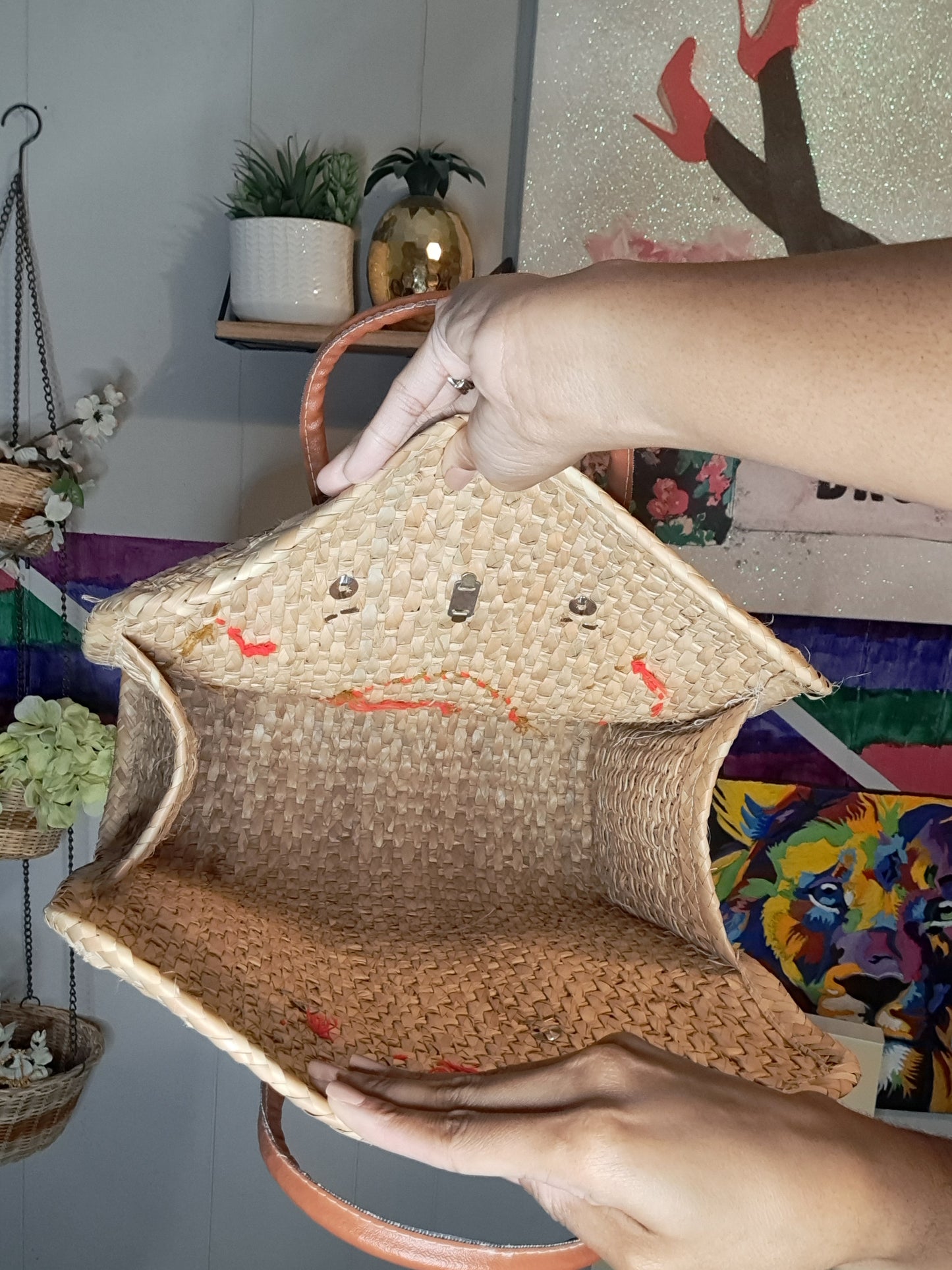 Vtg 70s Handmade Multicolored Straw Wicker Tote Bag with Leather Straps and Metal Latch Closure