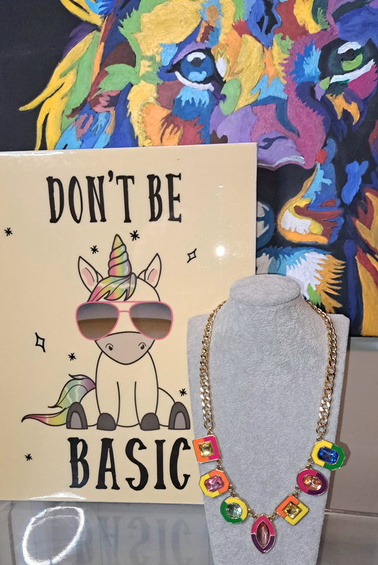 Vtg Unsigned Multicolored Geometrical Shape Colorblock Adjustable Gemstone Necklace 18in-21.5in