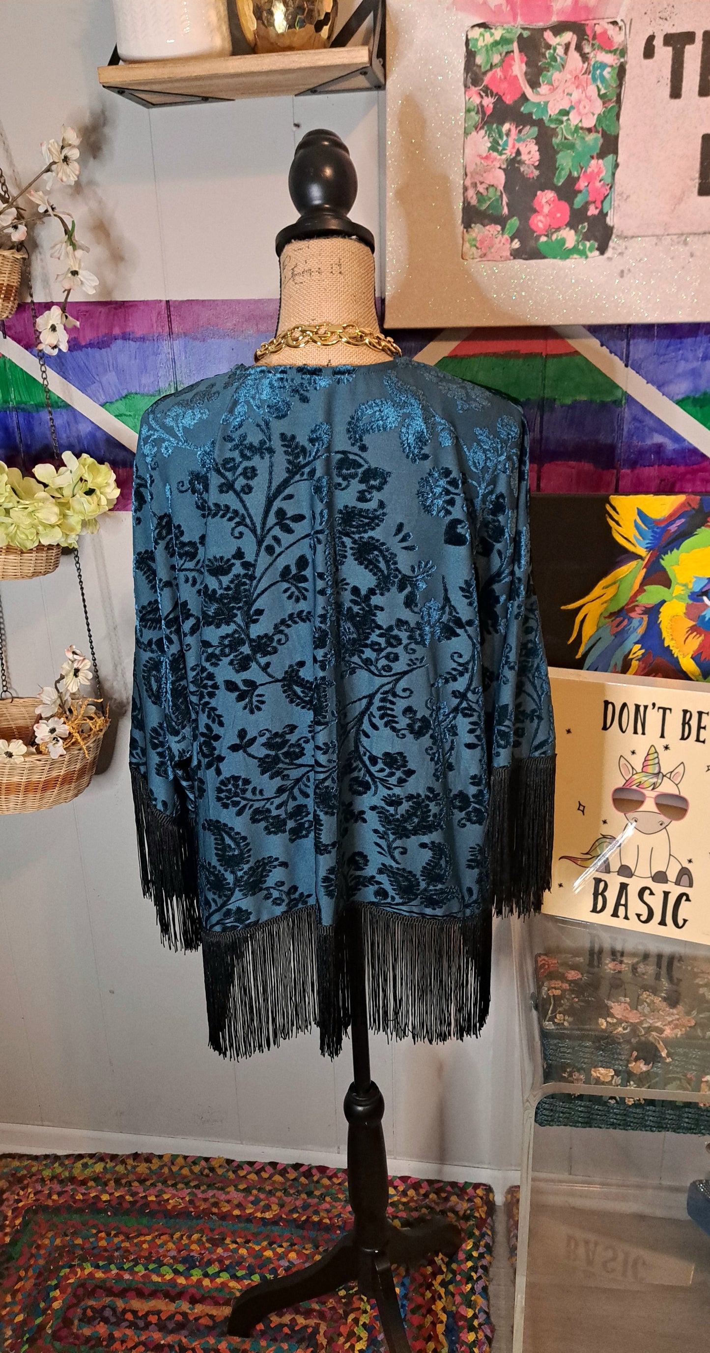 Teal Velour Paisley Print Duster Kimono with Blk Hem SZ S (Fits up to a large)