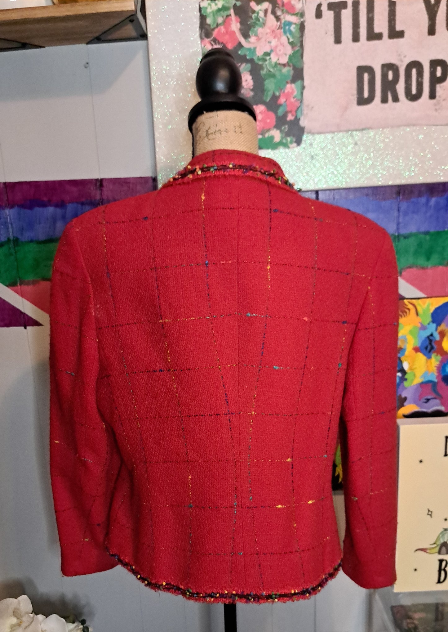 Vtg Rickie Freeman Wool Red/Multicolored Tweed Blazer with Faux Pockets SZ 14 (ptp 22in)