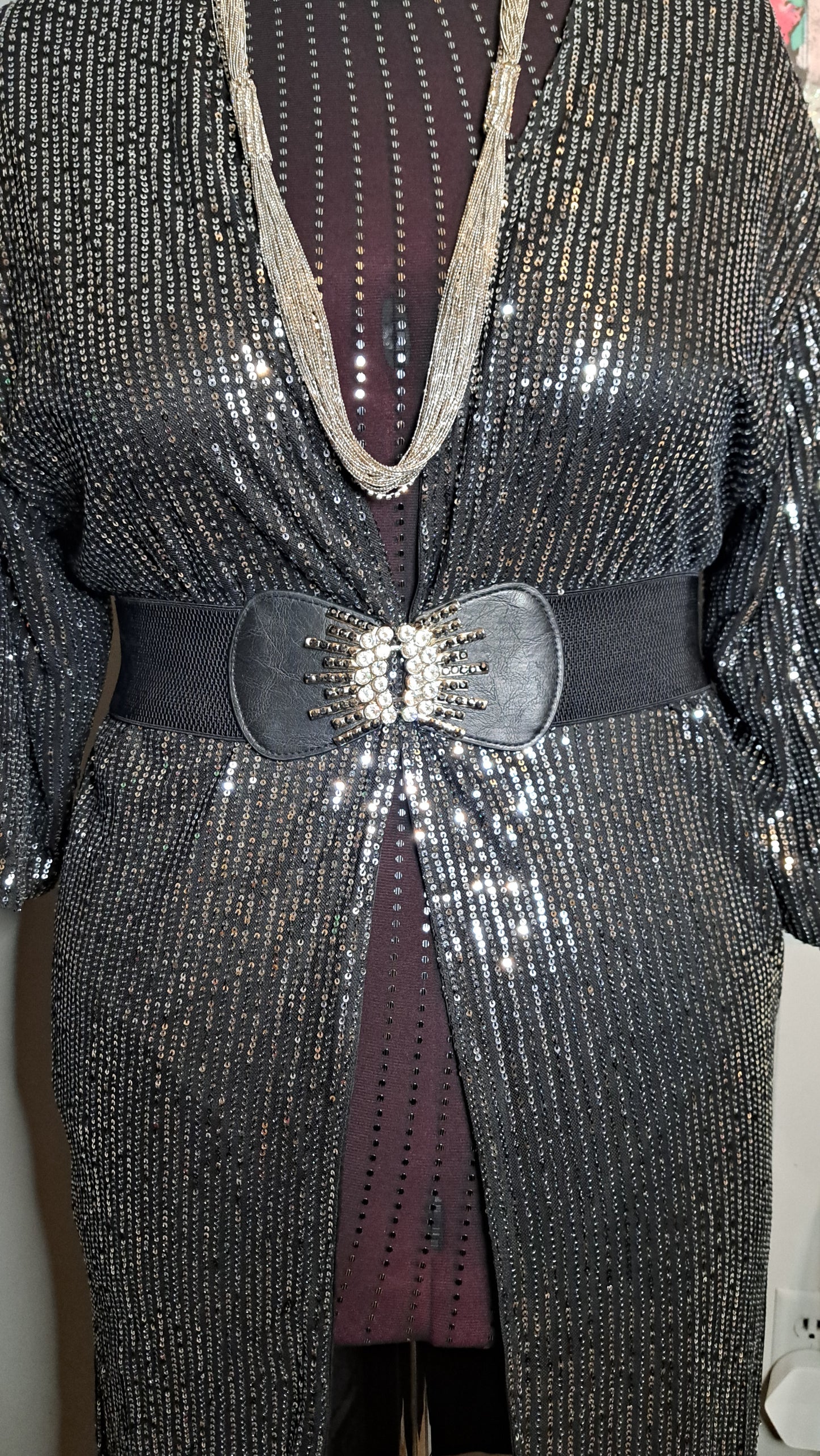 BUNDLE🚨 Nwot Silver/Blk Stretchy Sequin Duster SZ X-Large & Rhinestone Studded Adjsutable Stretch Belt (2pcs)