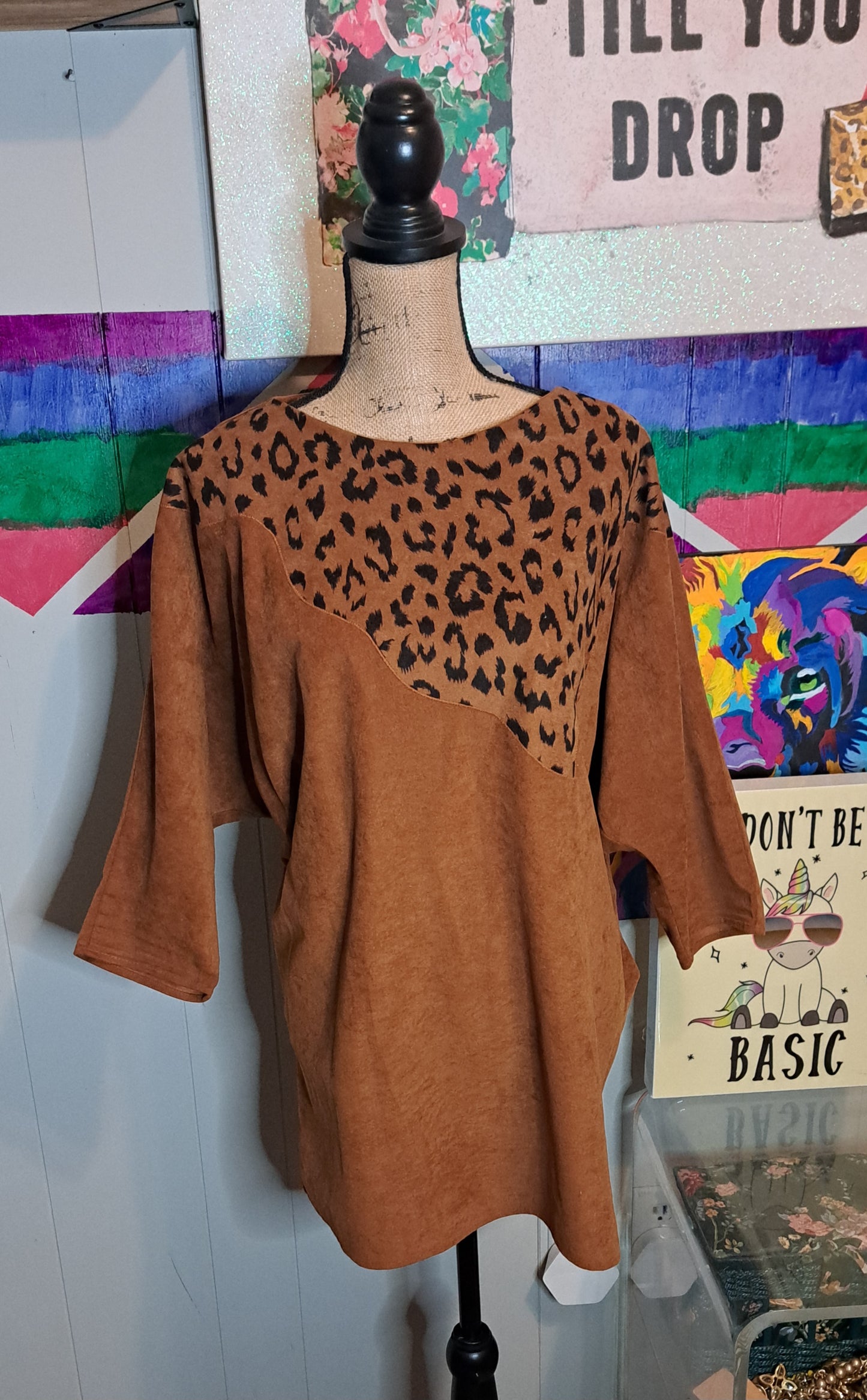 Vtg Suede Animal Print Dolman Sleeve Top SZ L/XL