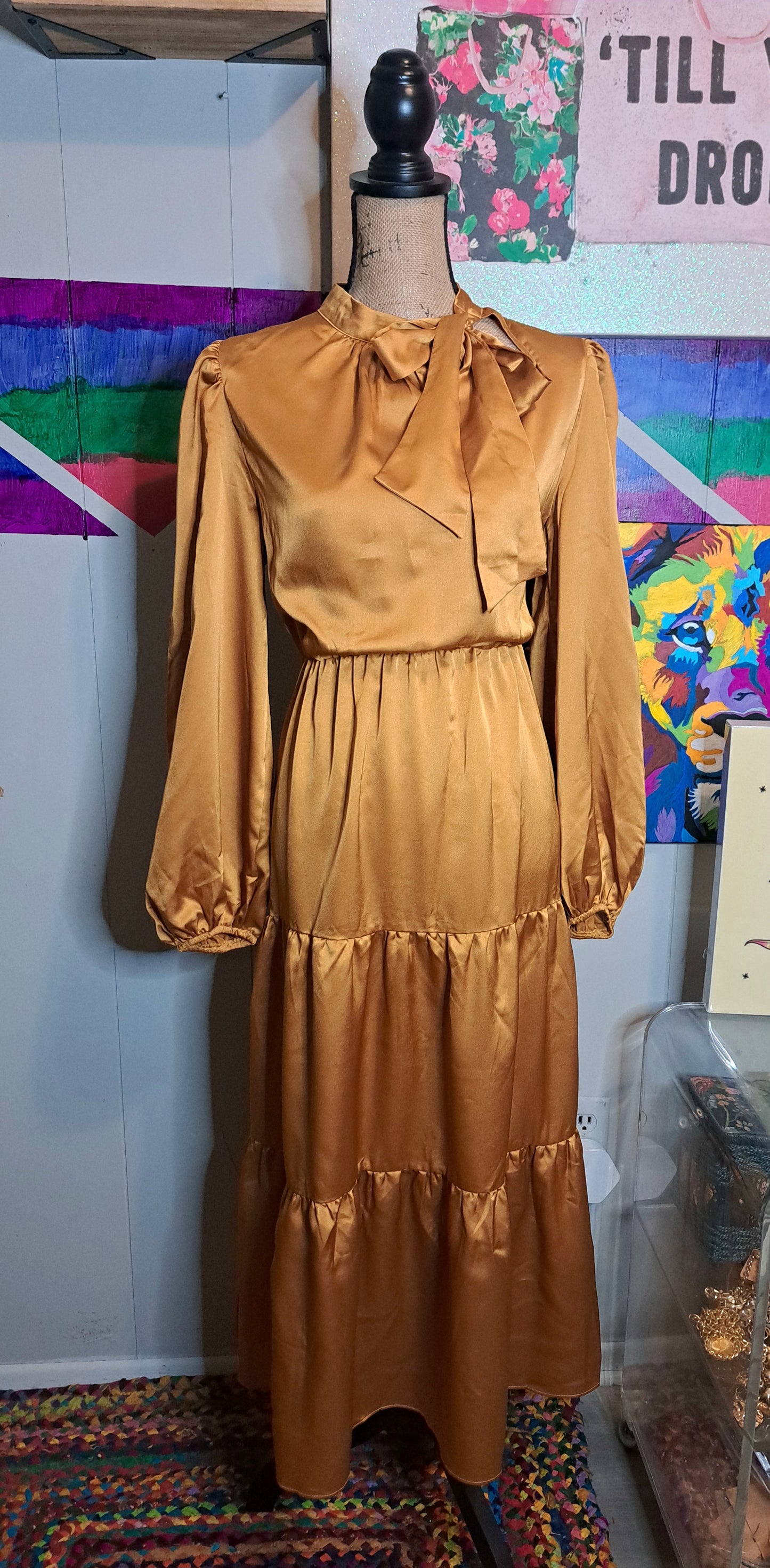 Nwot Shein Gold Maxi Dress with Bow SZ Large 10/12 (Ptp 21in) 2 Available