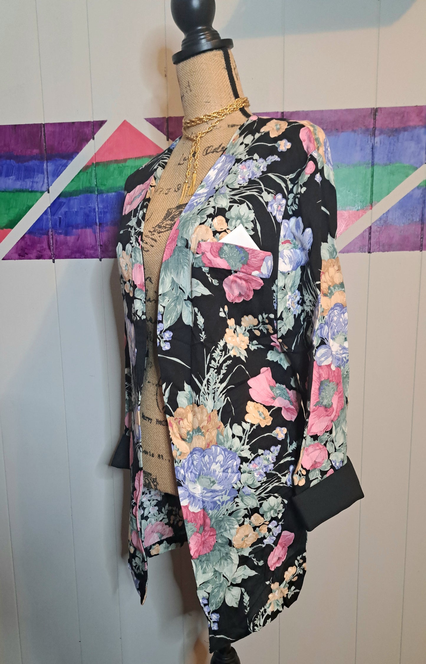 Vtg Blk/Multicolored Floral Print Blazer SZ XL 14/16 (ptp 25in)