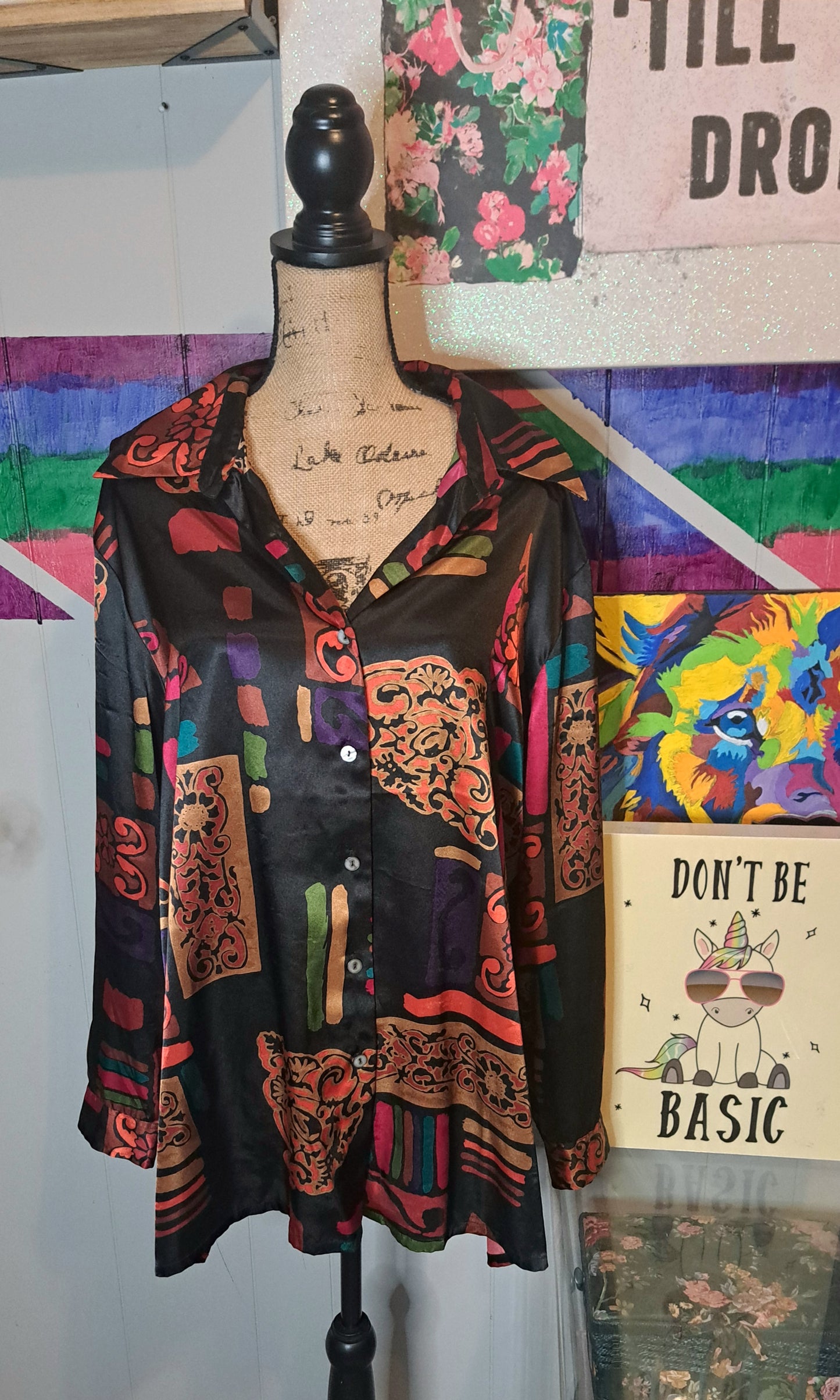 Vtg Blk/Multicolored Button Down Top SZ 2X (Ptp 27in)