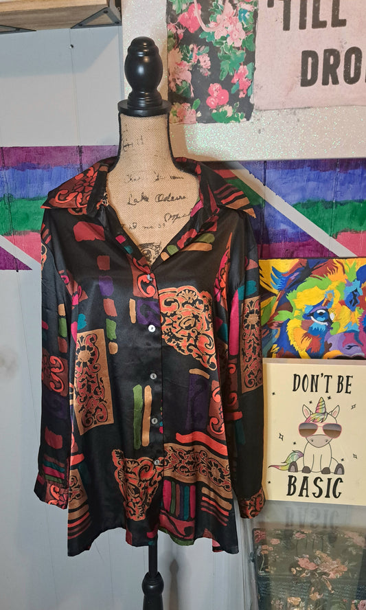 Vtg Blk/Multicolored Button Down Top SZ 2X (Ptp 27in)